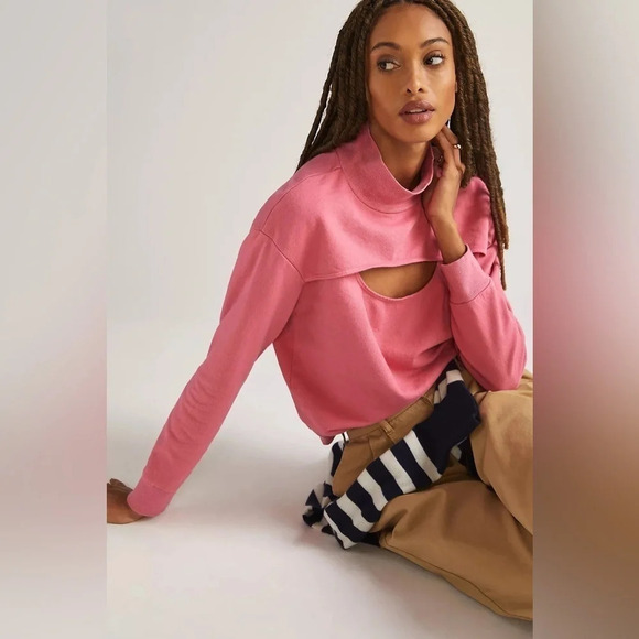 Anthropologie T.La Cut-Out  Funnel Neck Sweatshirt Pink - Picture 2 of 8